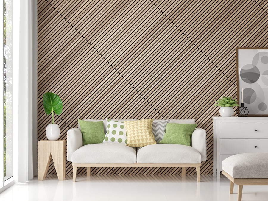 Modern Living Room with Wooden Slatted Wall